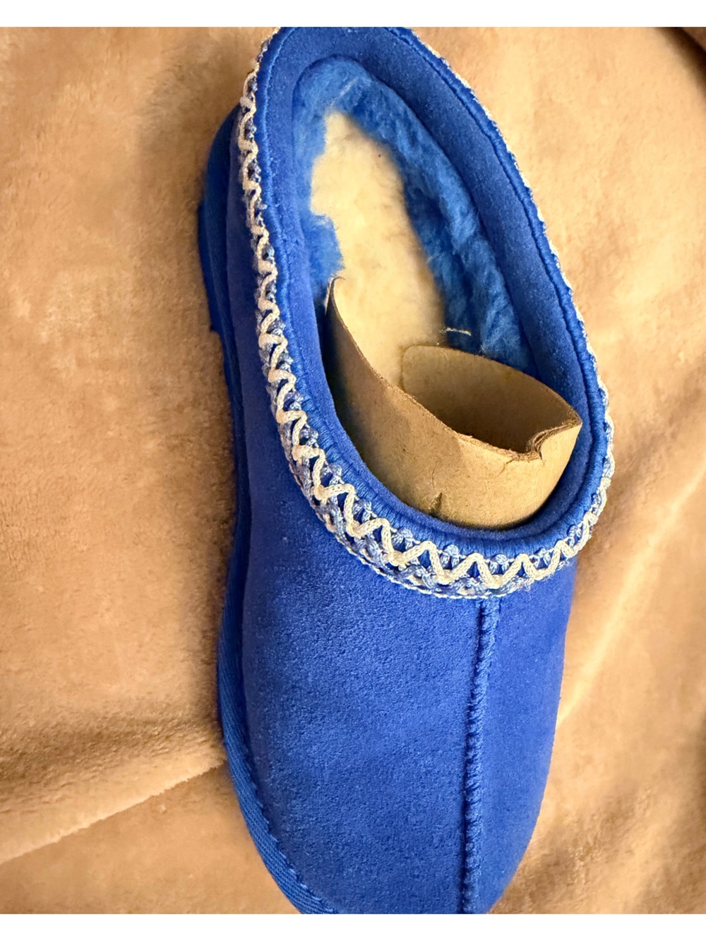 Uggs Blue Suede Moccasin Slipper with Decorative Trim